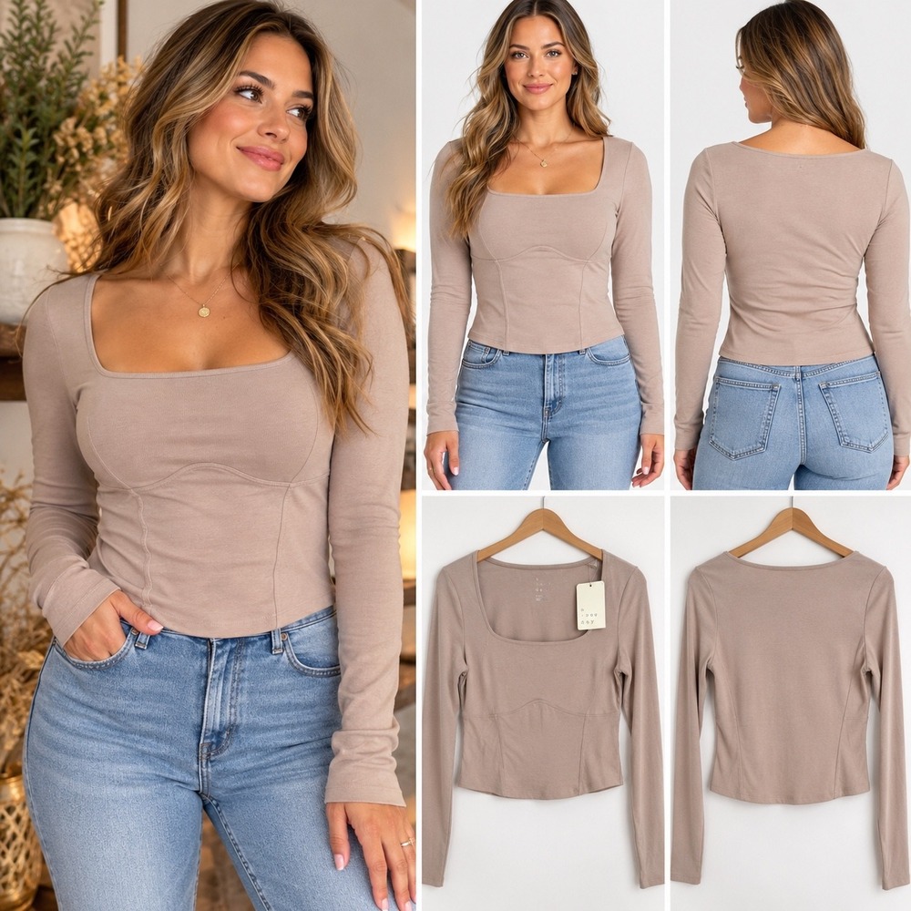 A New Day XL Pink Long Sleeve Corset Top Square Neck NWT